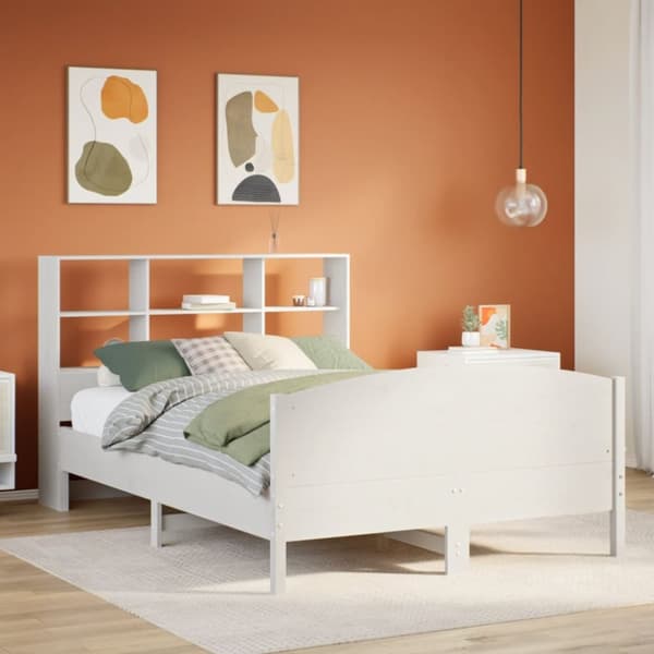 Säng med bokhylla utan madrass vit 160x200cm massiv furu