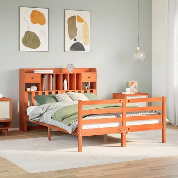 Säng med bokhylla utan madrass vaxbrun 140x190cm massiv furu