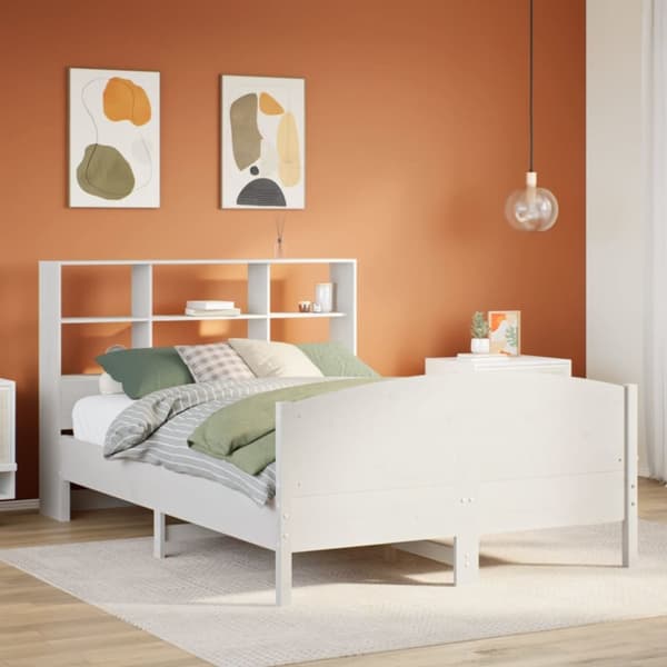 Säng med bokhylla utan madrass vit 140x200cm massiv furu