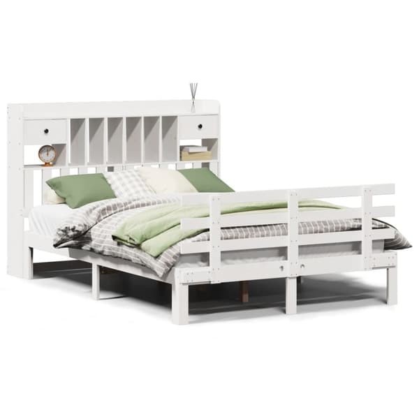 Säng med bokhylla utan madrass vit 140x190cm massiv furu
