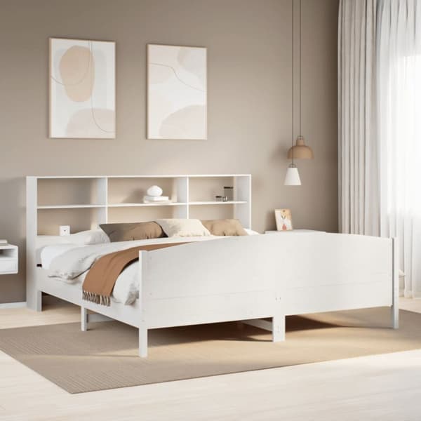 Säng med bokhylla utan madrass vit 200x200cm massiv furu