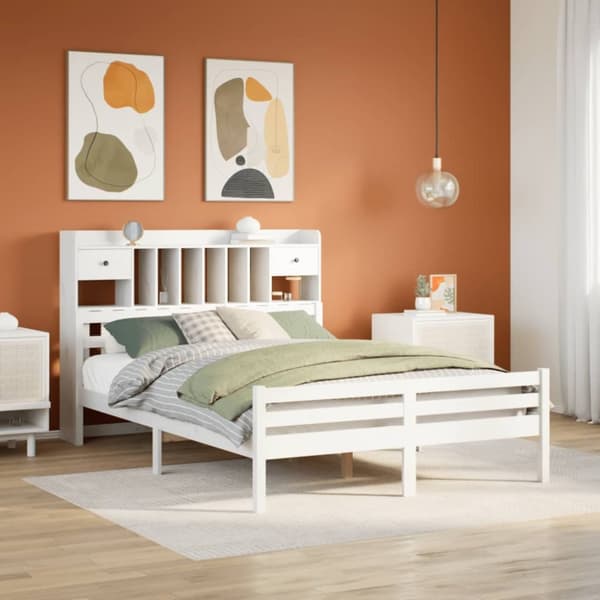 Säng med bokhylla utan madrass vit 160x200cm massiv furu
