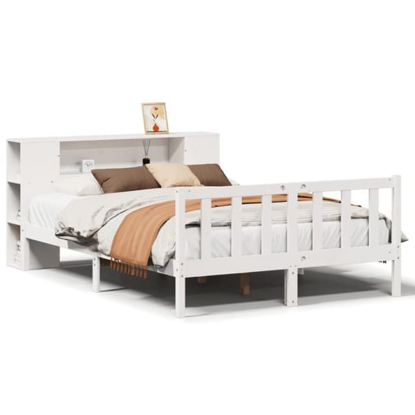 Säng med bokhylla utan madrass vit 150x200cm massiv furu