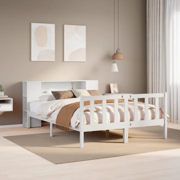 Säng med bokhylla utan madrass vit 150x200cm massiv furu