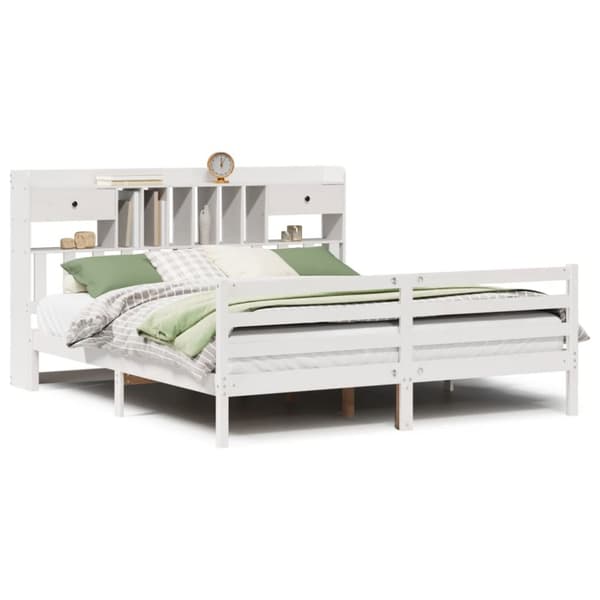 Säng med bokhylla utan madrass vit 200x200cm massiv furu