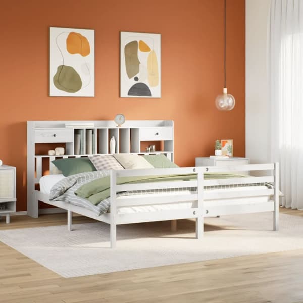 Säng med bokhylla utan madrass vit 200x200cm massiv furu