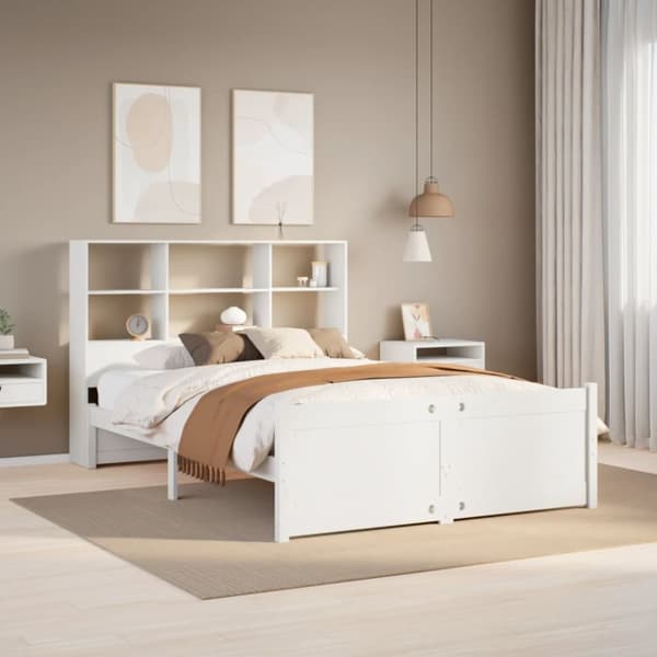Säng med bokhylla utan madrass vit 140x200cm massiv furu