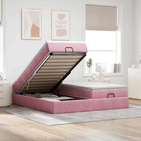 Ottoman sängram med madrasser rosa 200x200 cm sammet