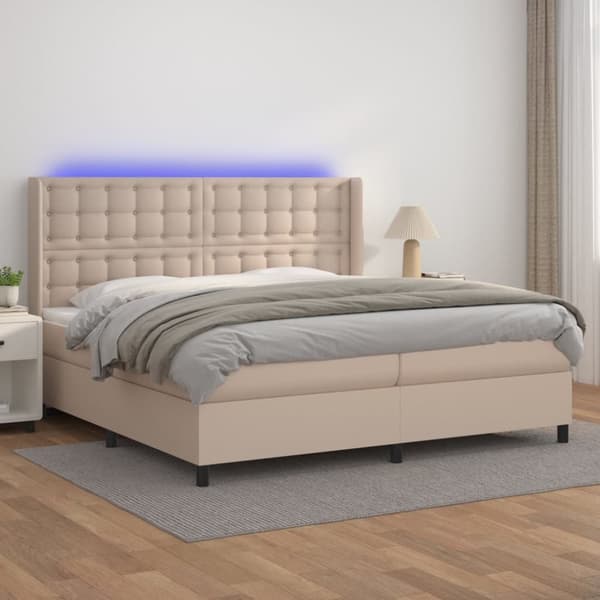Ramsäng med bäddmadrass & LED cappuccino 200x200 cm konstläder