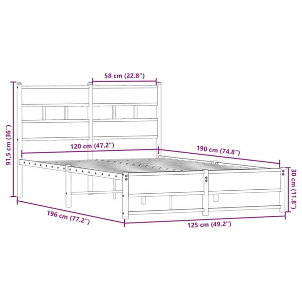 vidaXL Sengeramme i metall uten madrass røkt eik 120x190 cm