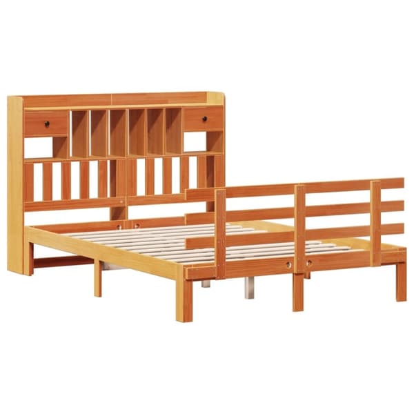 vidaXL Säng med bokhylla utan madrass vaxbrun 140x200cm massiv furu