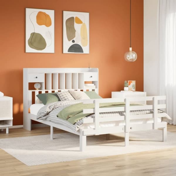 vidaXL Seng med bokhylle uten madrass hvit 140x190 cm heltre furu