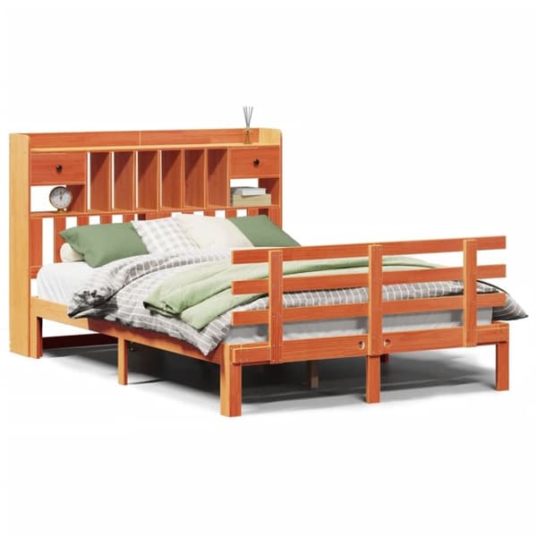 vidaXL Seng med bokhylle uten madrass voksbrun 140x190 cm heltre furu