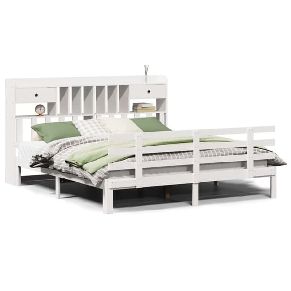 vidaXL Säng med bokhylla utan madrass vit 180x200cm massiv furu