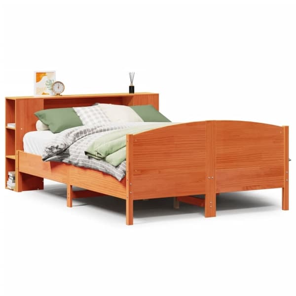 vidaXL Seng med bokhylle uten madrass voksbrun 135x190 cm heltre furu