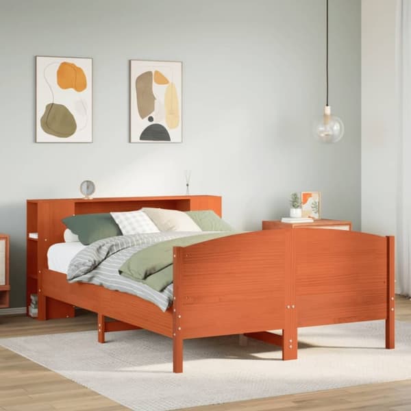 vidaXL Seng med bokhylle uten madrass voksbrun 160x200 cm heltre furu