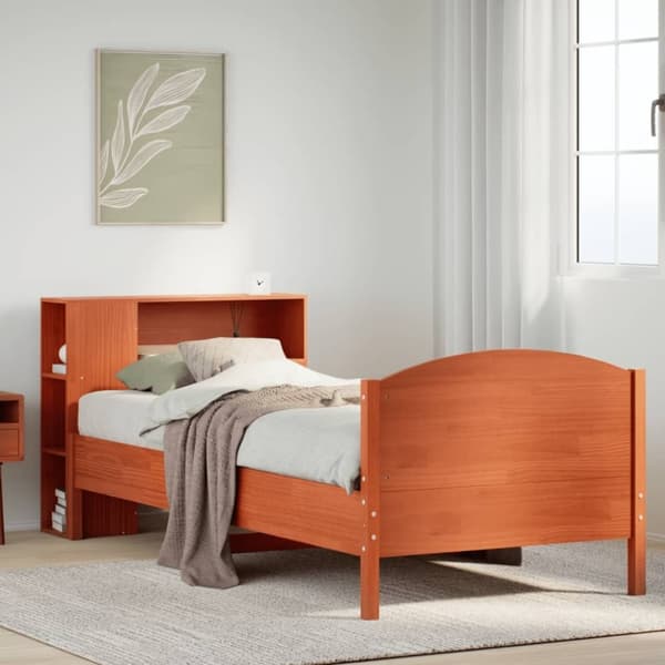 vidaXL Seng med bokhylle uten madrass voksbrun 90x200 cm heltre furu