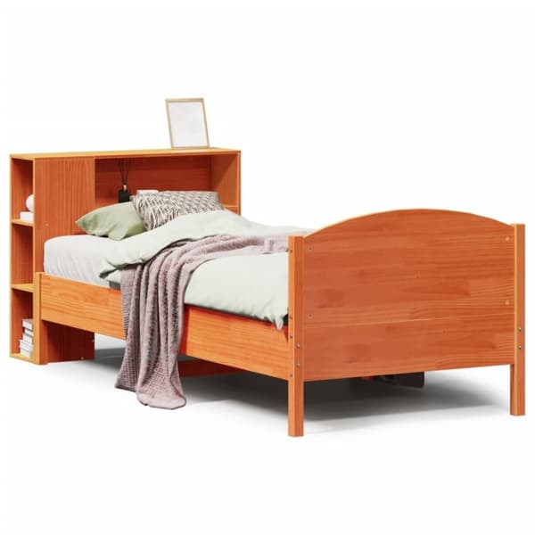vidaXL Seng med bokhylle uten madrass voksbrun 90x190 cm heltre furu