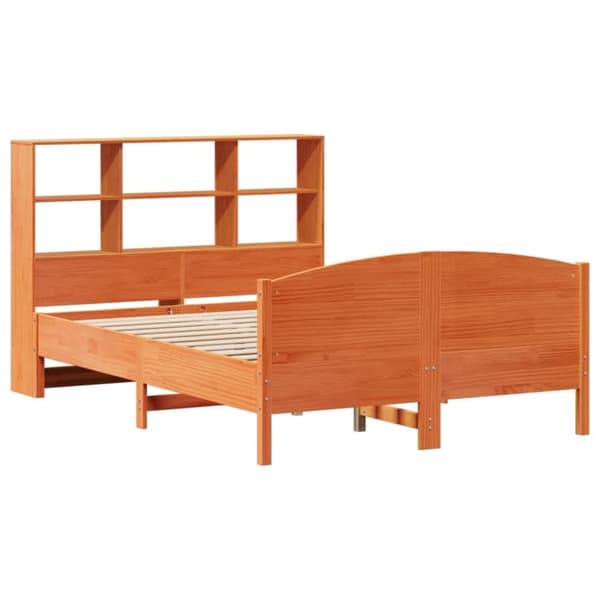 vidaXL Säng med bokhylla utan madrass vaxbrun 135x190cm massiv furu