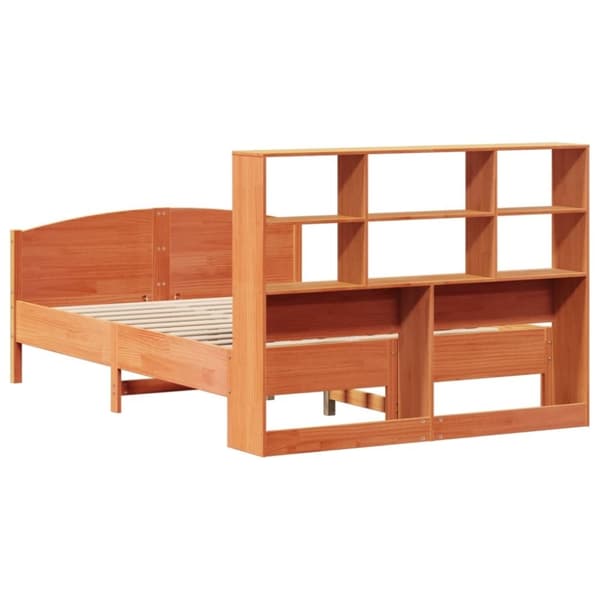 vidaXL Säng med bokhylla utan madrass vaxbrun 135x190cm massiv furu