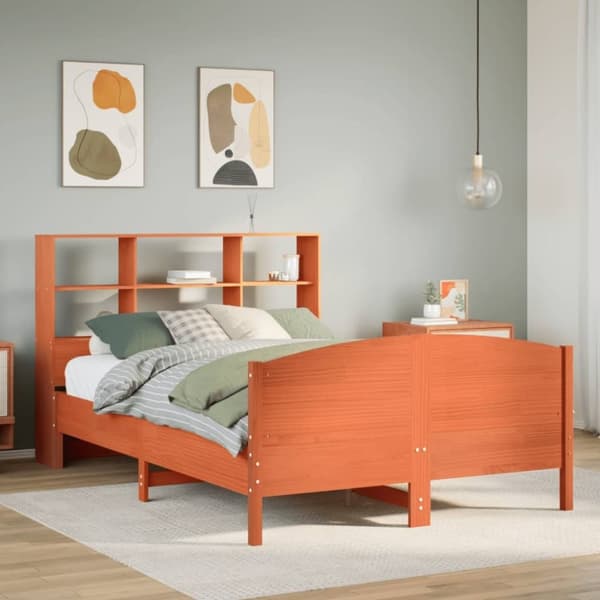 vidaXL Säng med bokhylla utan madrass vaxbrun 135x190cm massiv furu