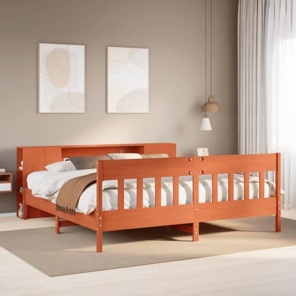 vidaXL Seng med bokhylle uten madrass voksbrun 180x200 cm heltre furu