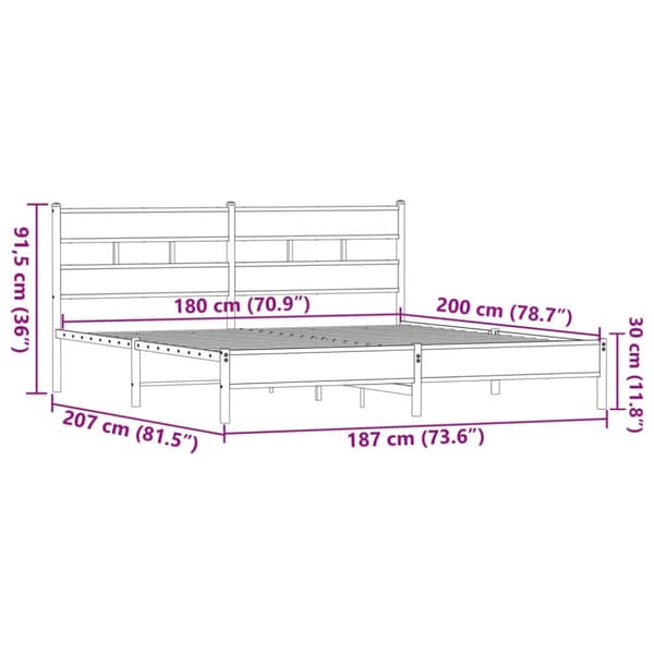 vidaXL Sängram utan madrass metall brun ek 180x200 cm