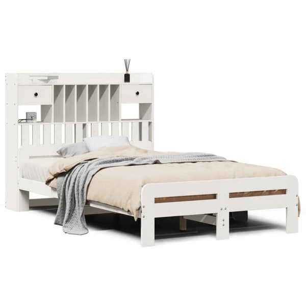 vidaXL Seng med bokhylle uten madrass hvit 135x190 cm heltre furu