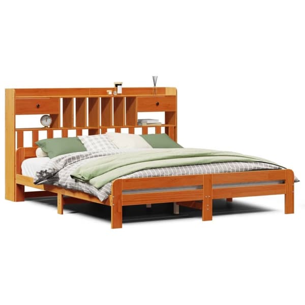 vidaXL Seng med bokhylle uten madrass voksbrun 180x200 cm heltre furu