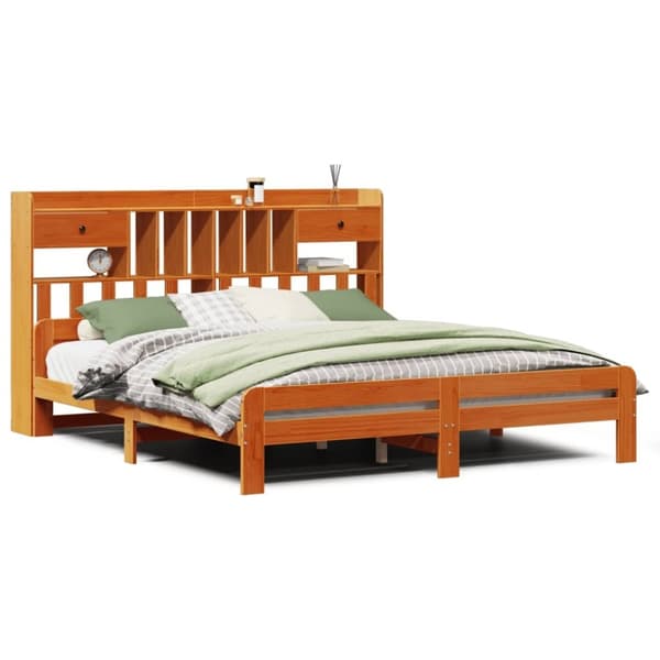 vidaXL Seng med bokhylle uten madrass voksbrun 200x200 cm heltre furu