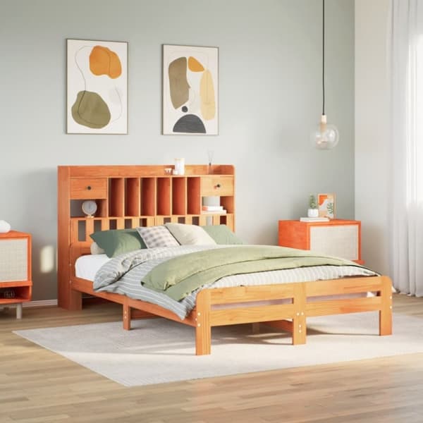 vidaXL seng med reol uden madras 140x200cm massivt fyrretræ gyldenbrun