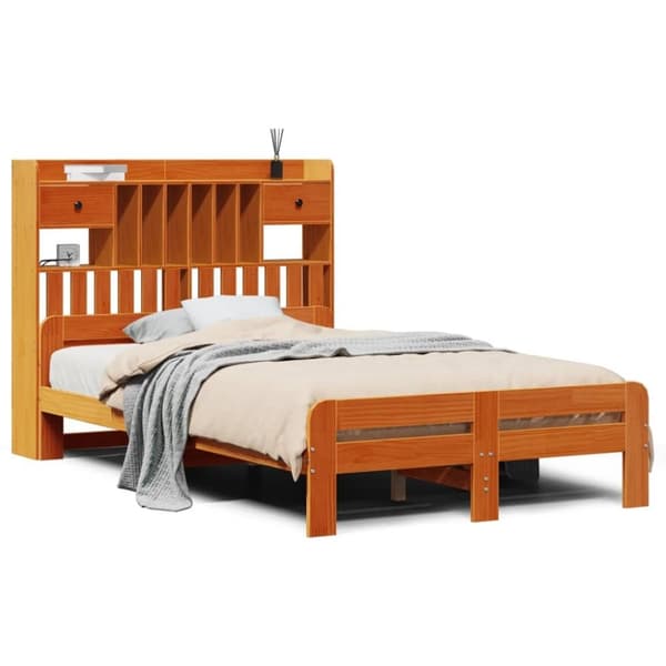 vidaXL Seng med bokhylle uten madrass voksbrun 135x190 cm heltre furu