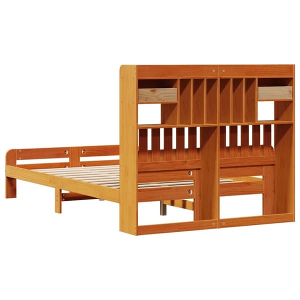 vidaXL Seng med bokhylle uten madrass voksbrun 135x190 cm heltre furu