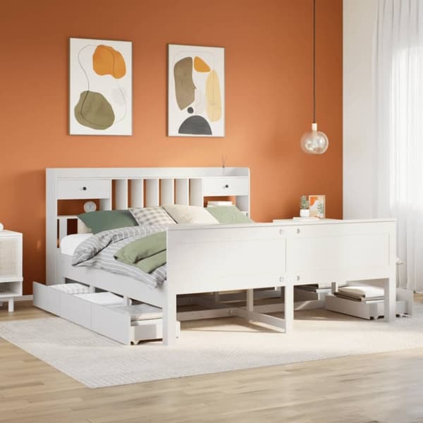 vidaXL Sänky kirjahyllyllä ei patjaa valkoinen 200x200 cm täysi mänty