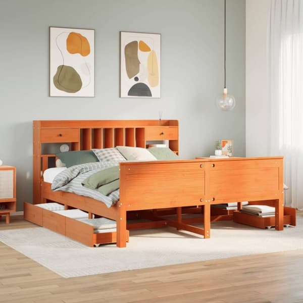vidaXL seng med reol uden madras 180x200cm massivt fyrretræ gyldenbrun