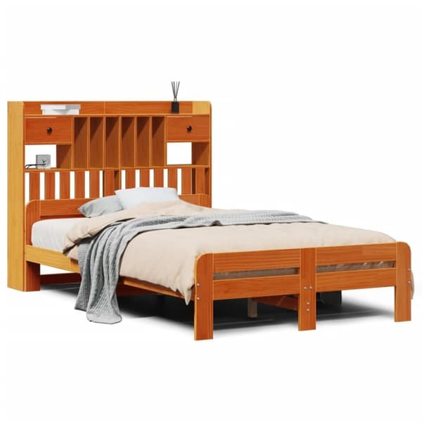 vidaXL Seng med bokhylle uten madrass voksbrun 120x190 cm heltre furu