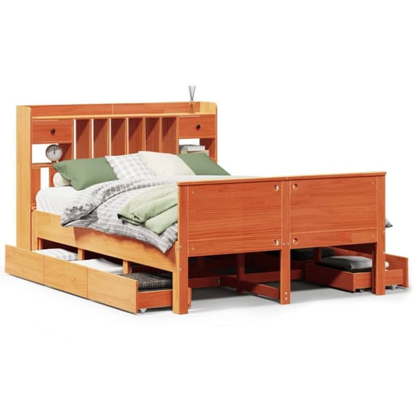 vidaXL Seng med bokhylle uten madrass voksbrun 140x190 cm heltre furu