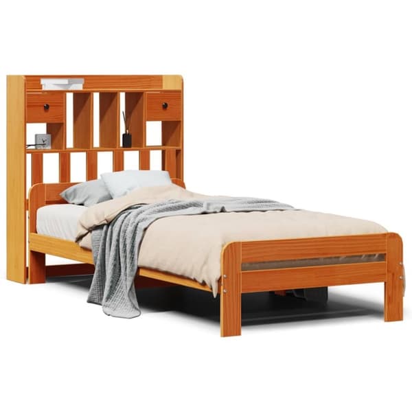 vidaXL Seng med bokhylle uten madrass voksbrun 75x190 cm heltre furu