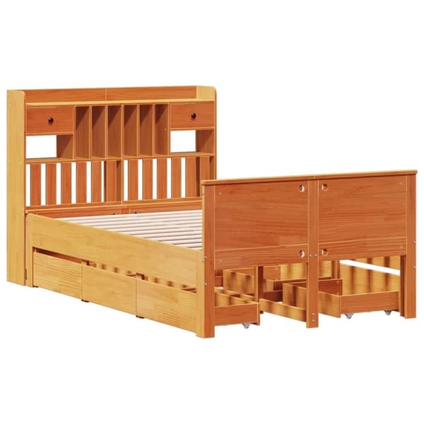 vidaXL Seng med bokhylle uten madrass voksbrun 120x190 cm heltre furu