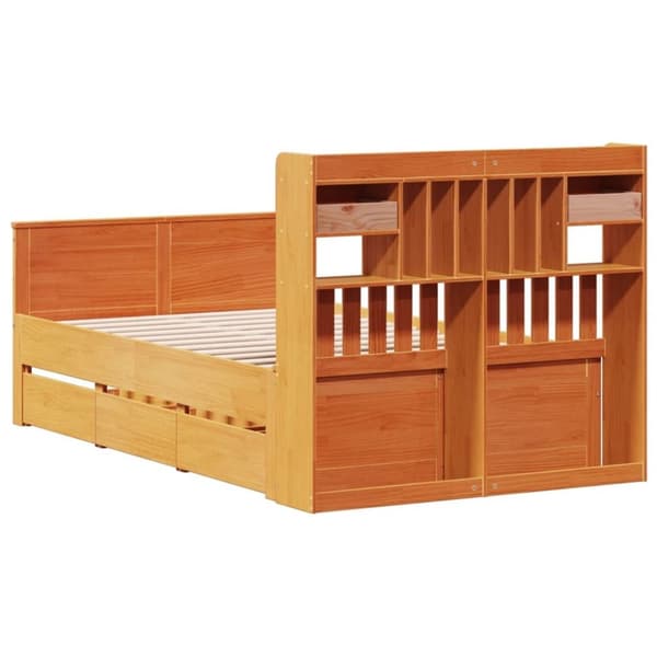 vidaXL Seng med bokhylle uten madrass voksbrun 120x190 cm heltre furu