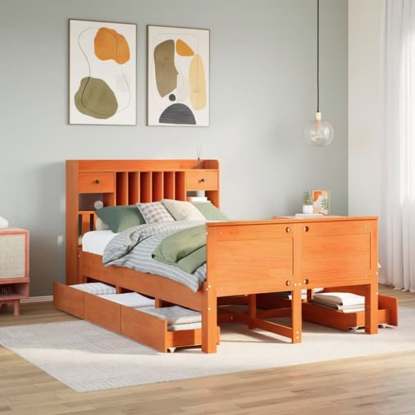vidaXL Seng med bokhylle uten madrass voksbrun 120x190 cm heltre furu