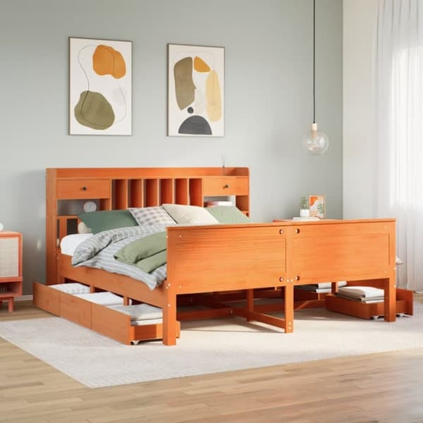 vidaXL Seng med bokhylle uten madrass voksbrun 200x200 cm heltre furu