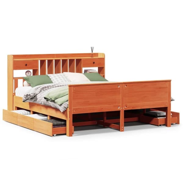 vidaXL Seng med bokhylle uten madrass voksbrun 200x200 cm heltre furu