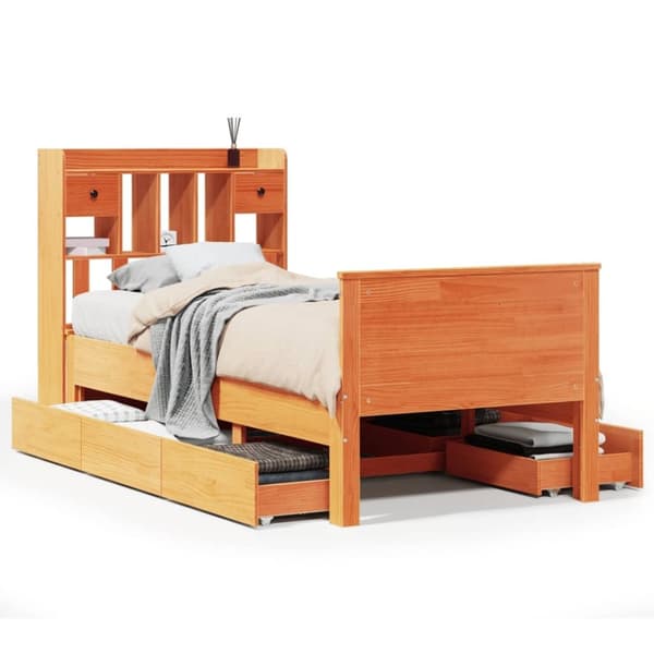 vidaXL Seng med bokhylle uten madrass voksbrun 90x190 cm heltre furu