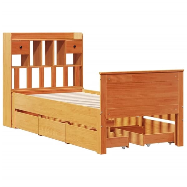 vidaXL Seng med bokhylle uten madrass voksbrun 90x190 cm heltre furu