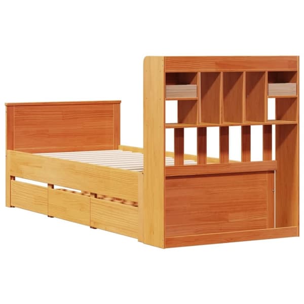 vidaXL Seng med bokhylle uten madrass voksbrun 90x190 cm heltre furu