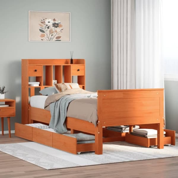 vidaXL Seng med bokhylle uten madrass voksbrun 90x190 cm heltre furu