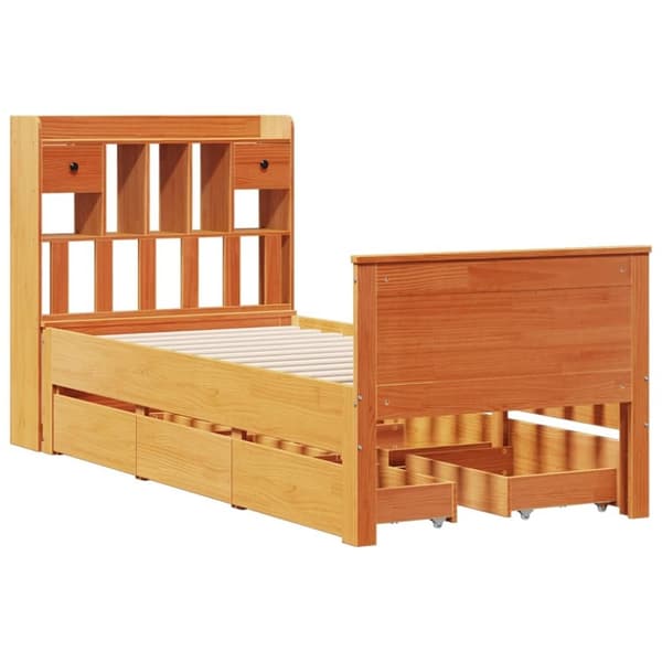 vidaXL Seng med bokhylle uten madrass voksbrun 75x190 cm heltre furu