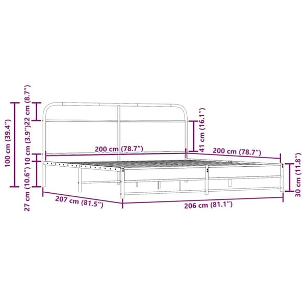 vidaXL Sengeramme i metall uten madrass røkt eik 200x200 cm