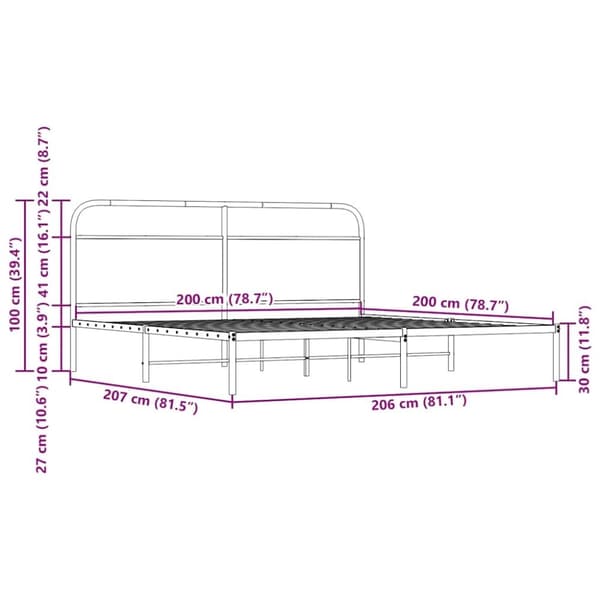 vidaXL Sängram utan madrass metall rökfärgad ek 200x200 cm